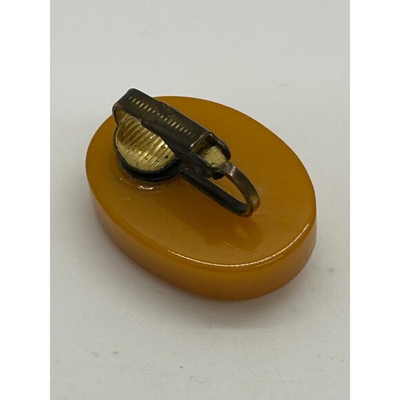 Bakelite Clip-On Earrings Butterscotch Pink & Green Embroidered Floral Vintage - Picture 10 of 16